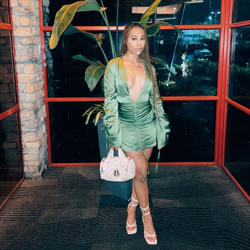 Olive Satin Plunge Ruched Front Bodycon Dress